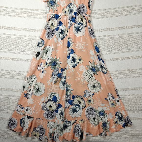 Ella Mara Peach Blue Floral Maxi Dress Short Sleeve Size S - Picture 4 of 10